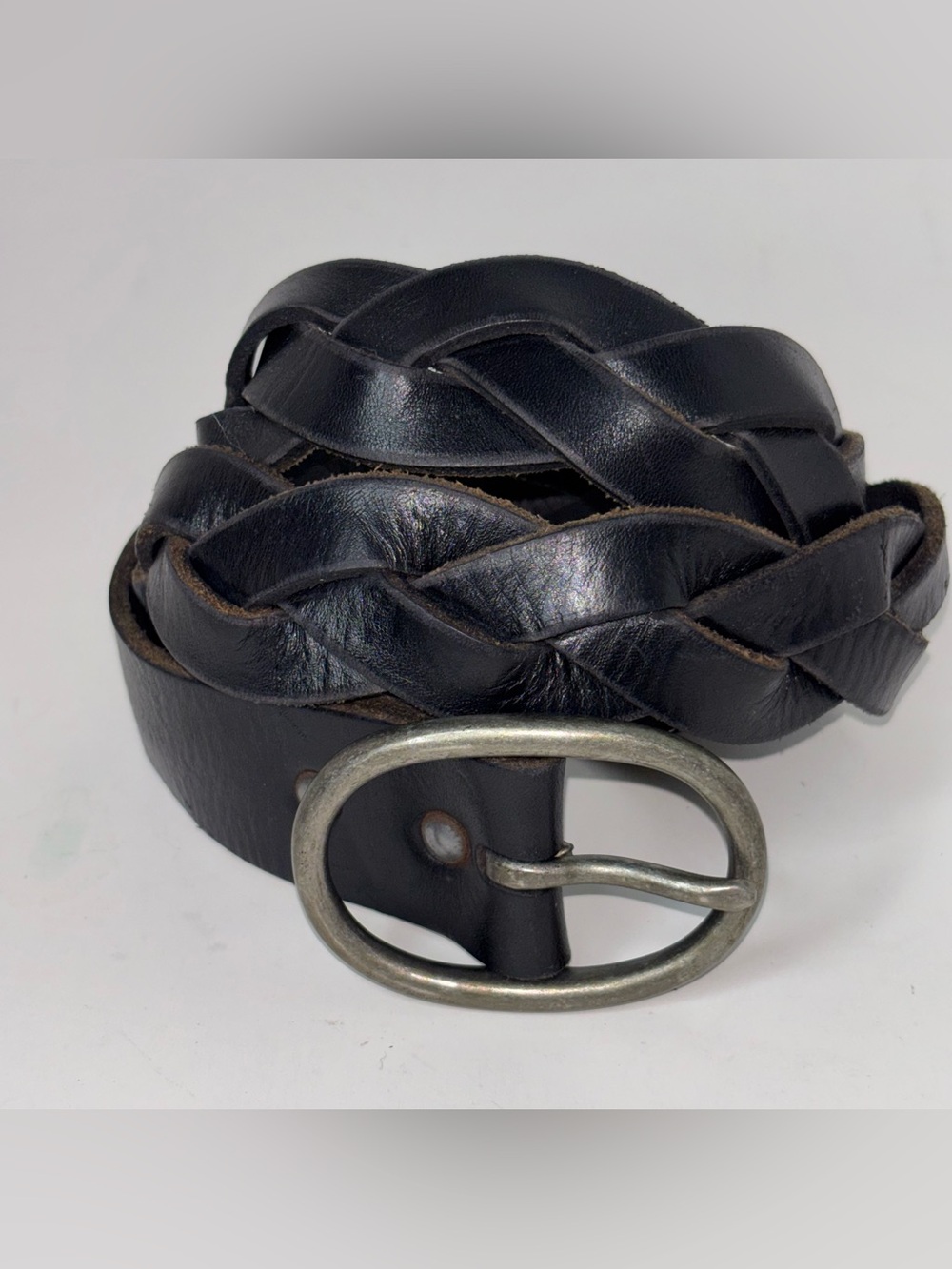 Gap Braided Black Genuine Leather Belt Oval Metal Buckle Women's M